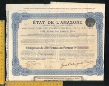 Certificato azionario obbligazione stato dell' Amazzonia 1916 b 182