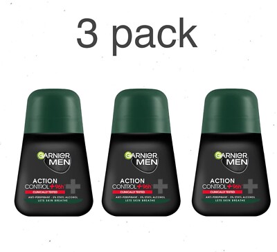 3pack Mens roll-on deodorant GARNIER MEN ACTION 1.7 fl.oz / 50 ml