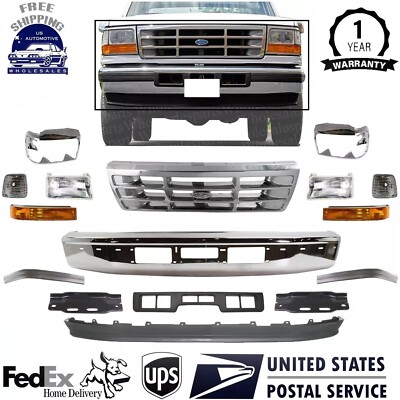 Front Bumper Chrome + Grille & Headlights Kit For 1992-1996 Ford F-Series/Bronco