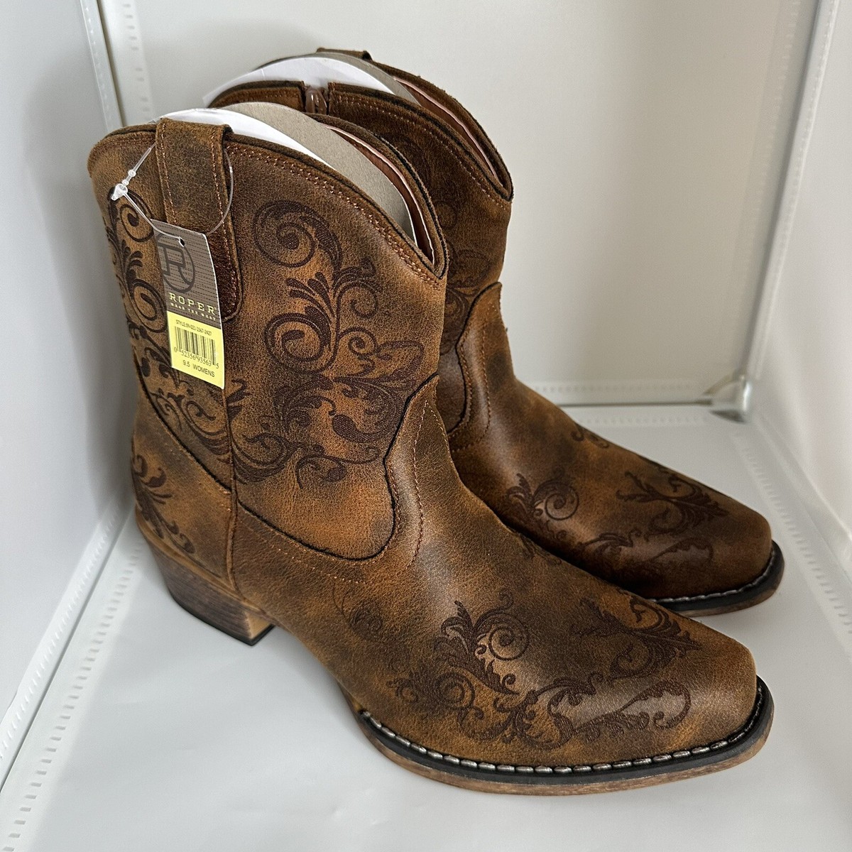 Roper Womens Cognac Faux Leather Short Stuff Cowboy Boots Size