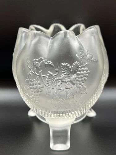Vintage Fenton 3 footed Satin Glass Pinched Top Vase With Grape Design