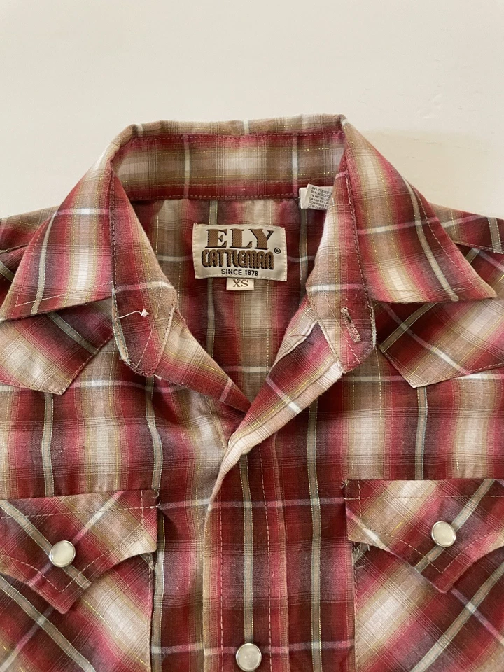 Ely Cattlemen Boys Pearl Snap Western Show Shirt XS 4 5 Brown Red Plaid Rodeo - Image 2 of 4
