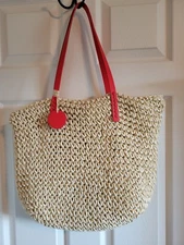 Mark & Graham Straw Tote w/ Red Straps, Large. Exterior Great Shape!