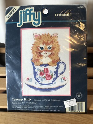 Vintage Sunset Jiffy Nadelspitze seltene Kreuzstich Teetasse Kätzchen 1996 5 x7  