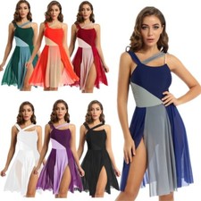 US Womens Adults Lyrical Color Sheer Block Ballet Dance Leotard Dress Dancewear