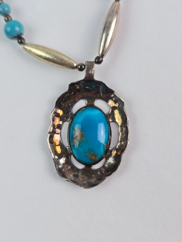 Multi-stone colorful Beaded Necklace sterling turquoise pendant 27" length - Image 2 of 4