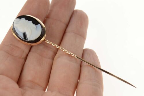 14K Carved Black Agate Cameo Oval Ornate Stick Pin Yellow Gold *34 - Picture 5 of 5