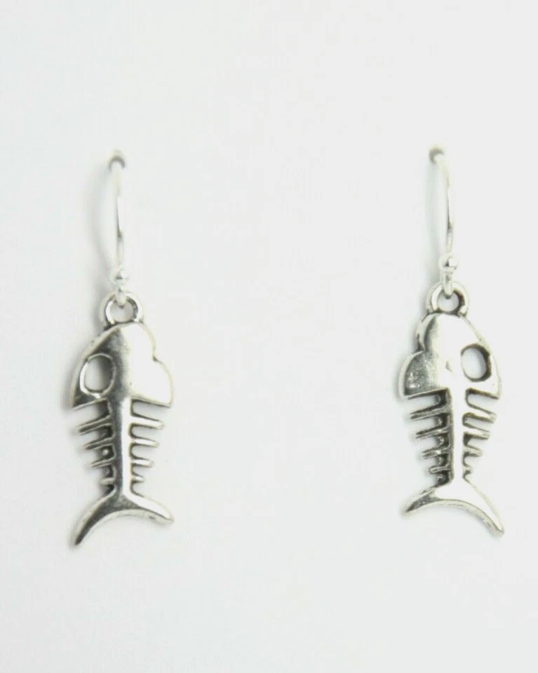 Pendientes con dije de hueso de pez plata esterlina .925 gancho estaño dijes 1" regalo de pesca Foto 2 de 4