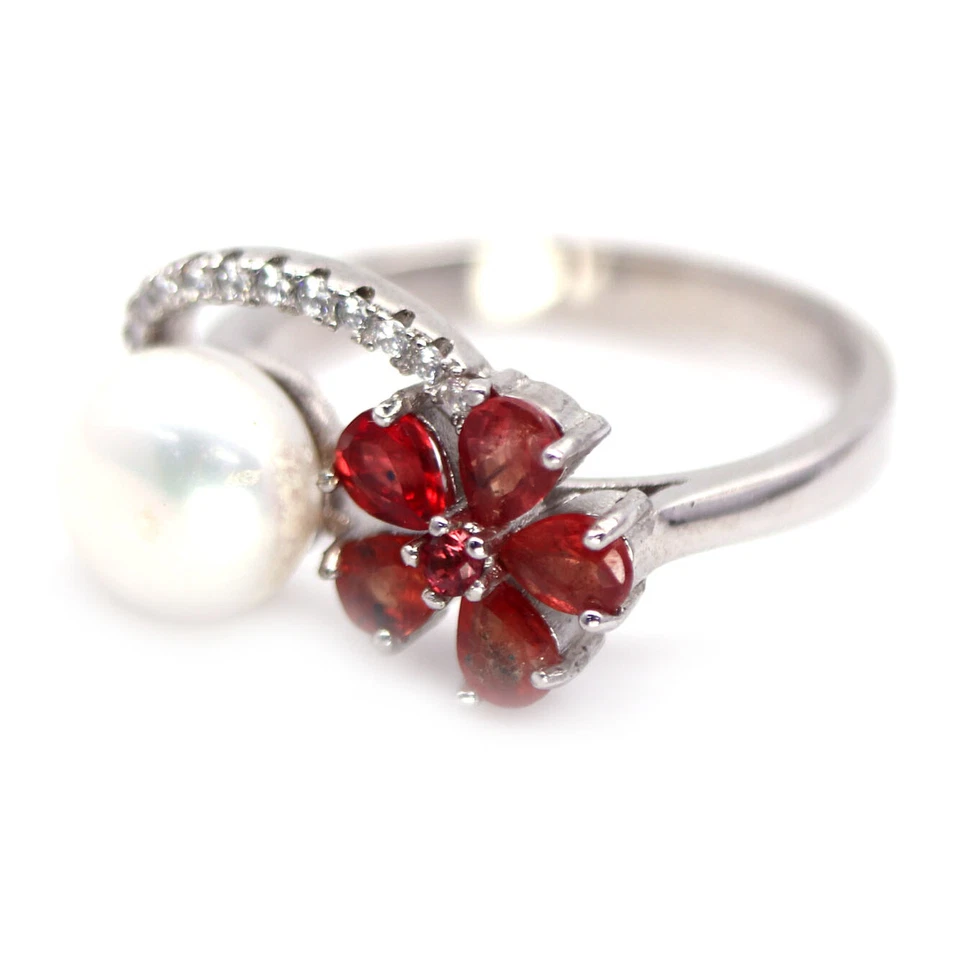 7 MM. Weißer Perle, Saphir & Zirkonia Ring 925 Sterlingsilber Größe 7 - Bild 2 von 4