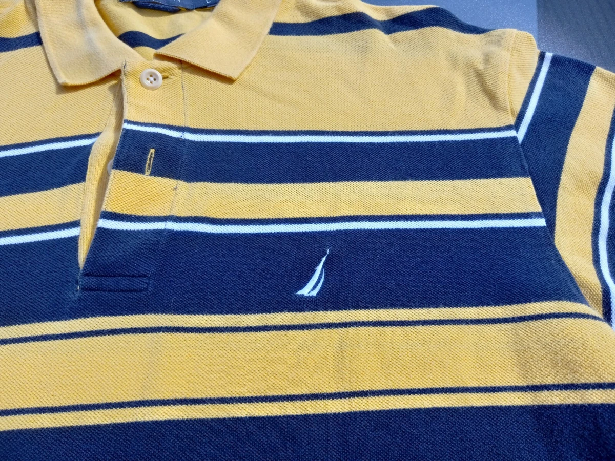 Nautica Mens L Polo Shirt Dark Blue w Yellow Blue White Stripes Short Sleeve