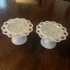 2 VTG Petite White Milk Glass Lace Edge Pedestal Compote Vase & Flower Frog 4LOT