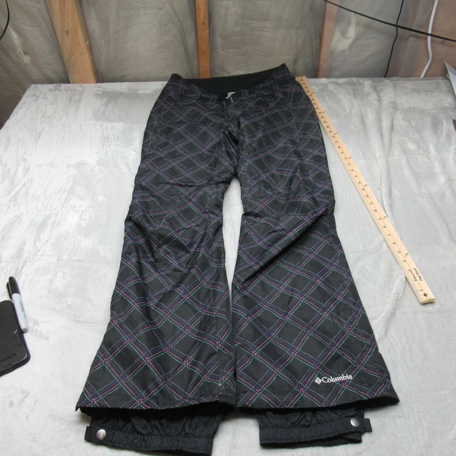 Columbia Snow Pants Women Small BLK Plaid Waterproof Insulated Winter Wind 31x31