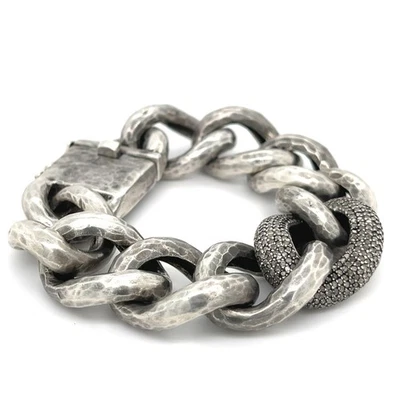 Safia Argent Sterling Martelé Lourd Bracelet Chaîne W/ Diamant Pavé Accent - Photo 1/4