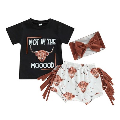 Western Toddler Baby Girl Clothes Letter Short Sleeve T-Shirt Top + Tassel Sh...