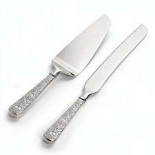 Silver Floral Engraved Wedding Cake Knife Server Set Party Serving 2 PCS