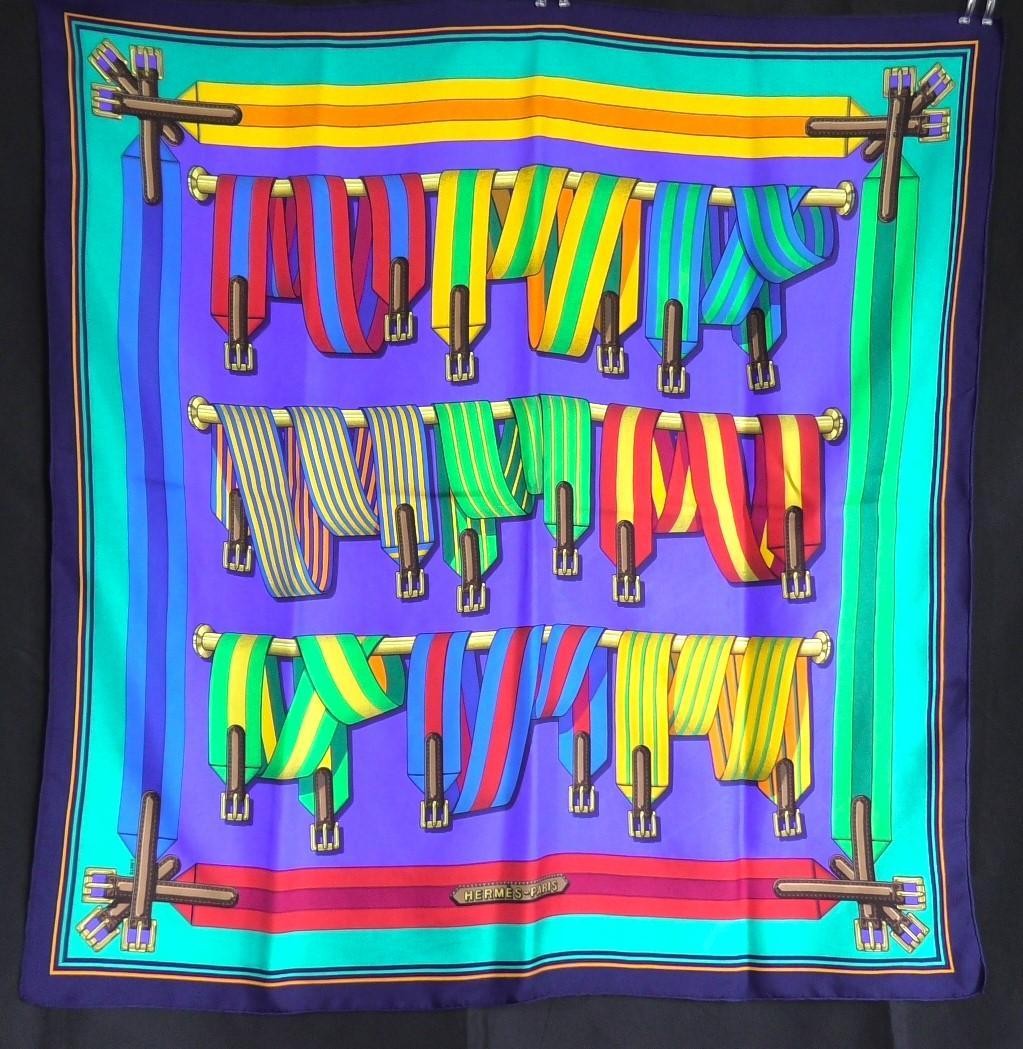 HERMES Les Sangles 90cm Silk Scarf Suspender Belt Design No Tag From Japan