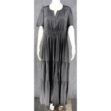 Quince Washable Stretch Silk Tiered Maxi Dress Black Large 3/4 Sleeve EUC