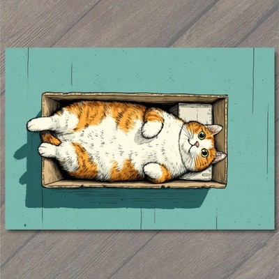 POSTCARD Orange White Domestic Shorthair Cat Cardboard Box Top View Cute
