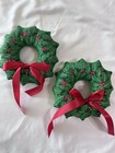 Vintage Fabric Holly Christmas Wreaths Lot of 2 Puffy Soft Sculpture Cottagecore