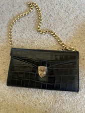 Aspinal Of London Black Leather Croc Mayfair Clutch Handbag Bag Gold Chain Strap