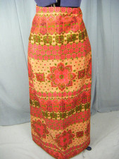 Vtg 60-70s Handmade Orange Red Floral Mod Long Skirt-Waist 29  