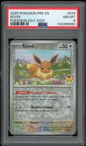 Pokemon TCG Eevee Reverse Holo 074/131 Pokemon Day 2025 PSA 8 NM/MT