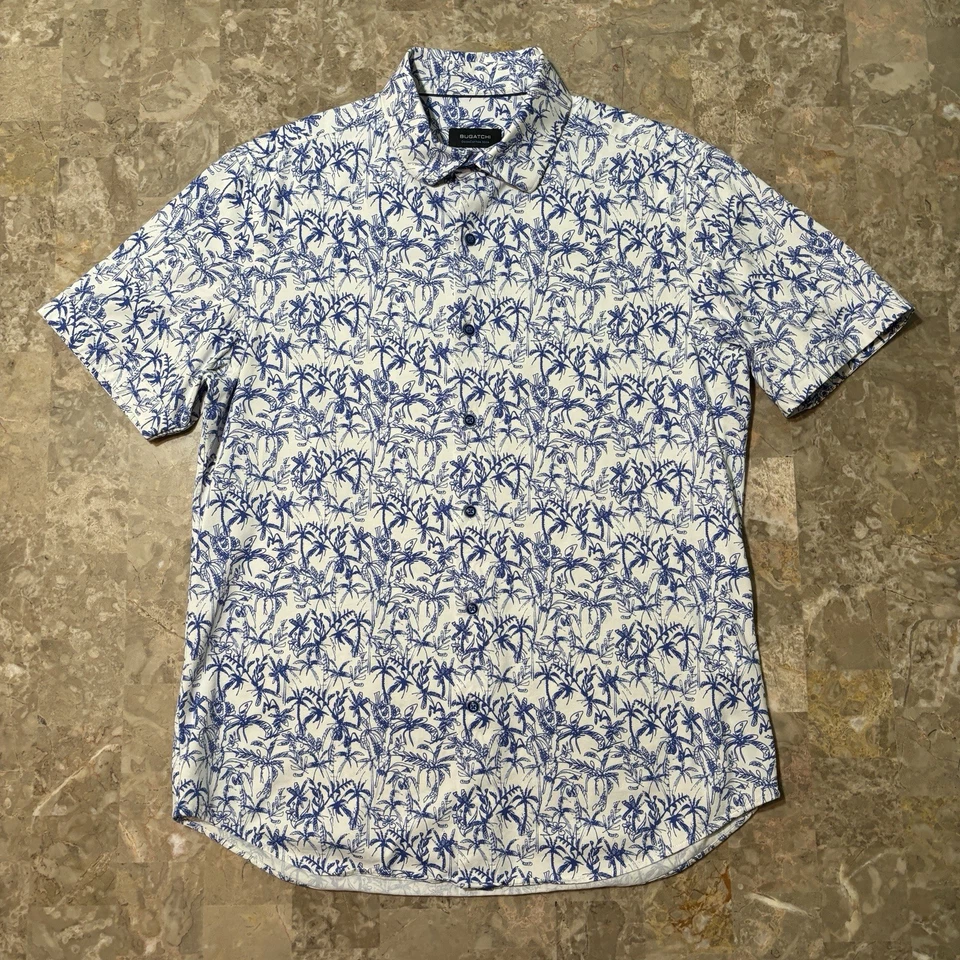 Camisa Bugatchi Para Hombres Mediana Azul Ooohcotton Tech 8 Vías Elastizada Hawaiana Floral Foto 2 de 4