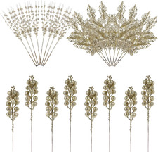 24 Pcs 3 Styles Glitter Christmas Tree Picks and Holly Berry Stems Christmas Dec