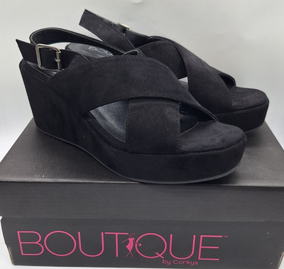 Boutique By Corkys Women's Lenox Black Strappy Buckle Open toe Wedge US 10