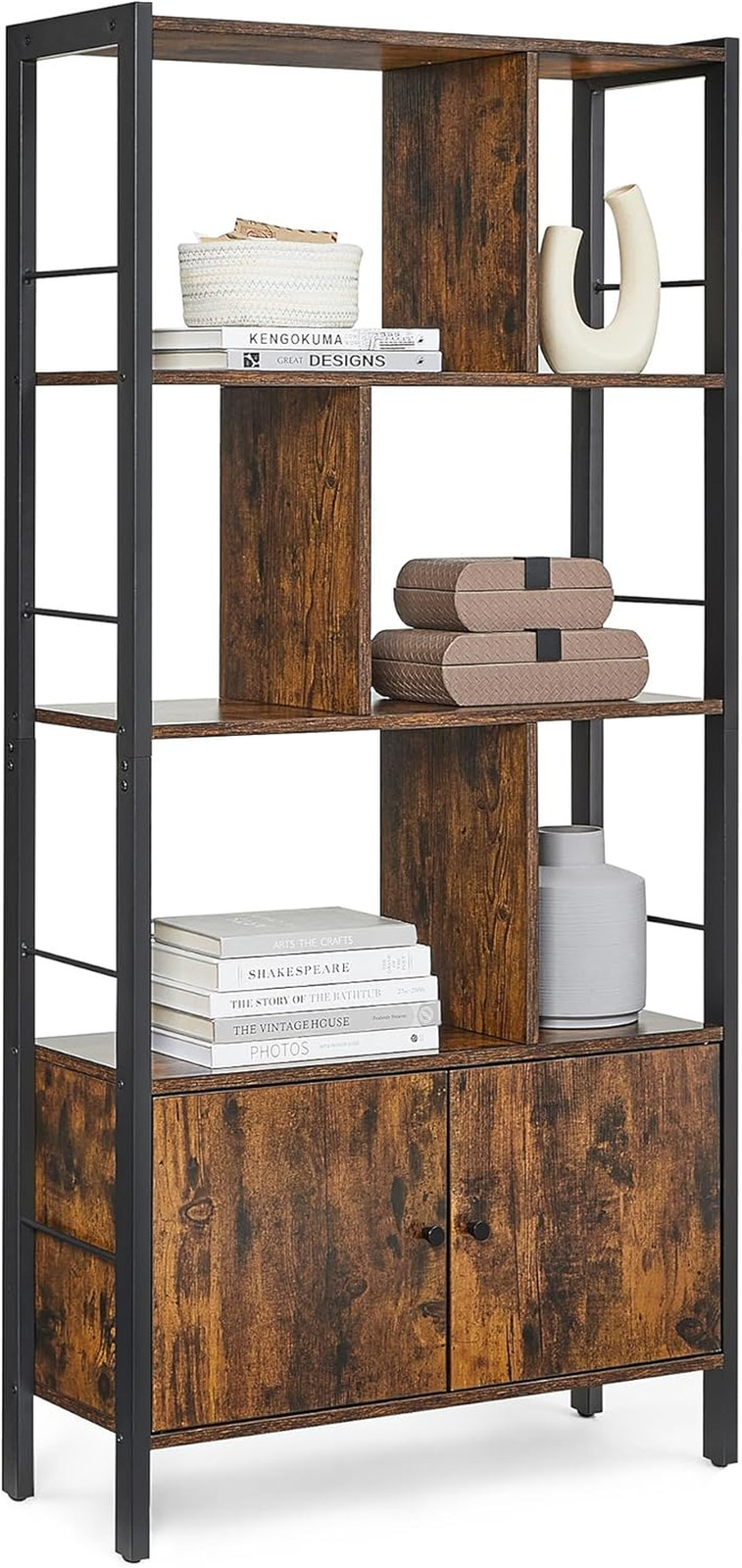 VASAGLE Bookshelf, Storage Shelf, Large Bookcase with Doors, 4 Shelves, Stable S