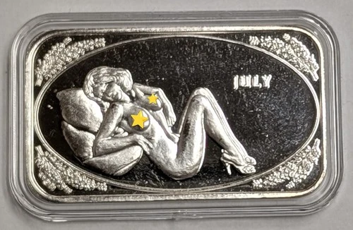 1 oz .999 Silver ~ Vintage Crown Mint Beauties Art Bar ~ July ~ Adult Bullion