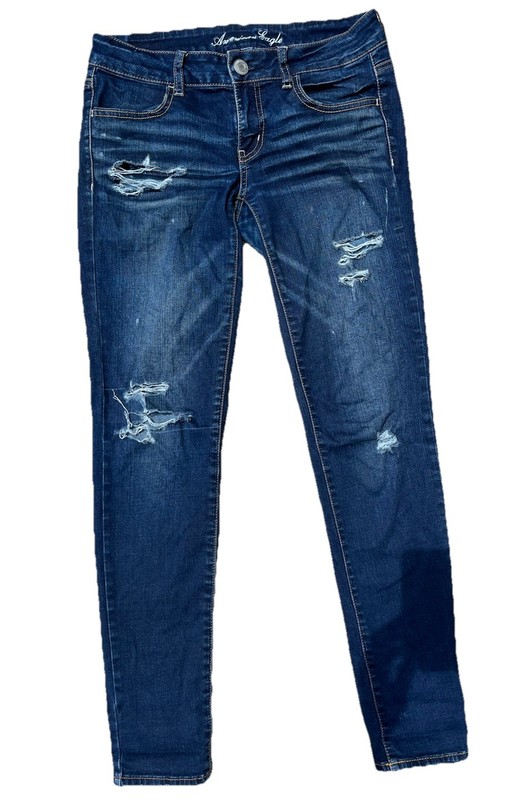 American Eagle 4 Dark Wash Blue Distressed Torn Denim Stretch Jegging Jeans
