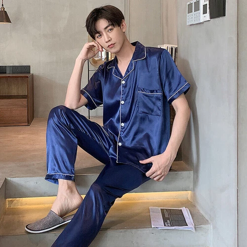 Men Pajamas Set Satin Top Pants Sleepwear Loungewear Indoor Home Casual Daily - Picture 10 of 11