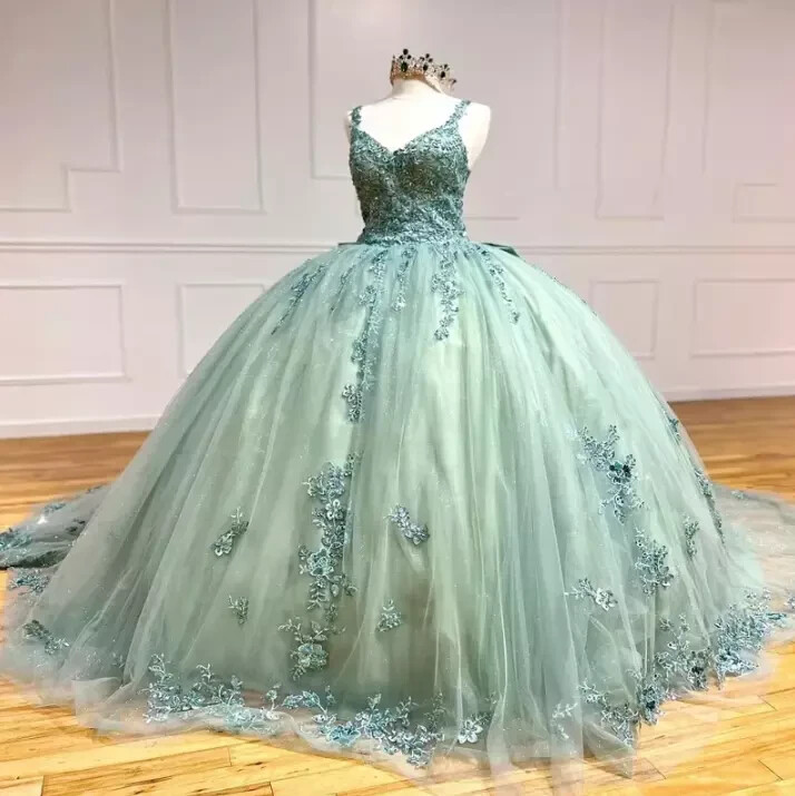 Light Green Quinceanera Dresses With Bow Lace Applique Beads Tull Sequin  Sweet16 | eBay