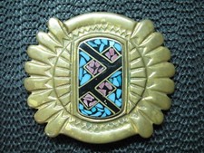 NATIVE BRASS TURQUOISE CORAL INLAID BELT BUCKLE VINTAGE RARE SW 1970s USA 