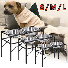 Stainless Steel Food  Water Stand w/ 2 Elevated Raised Pet Dog Feeder Bowl S/M/