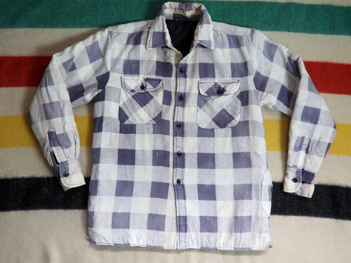 VTG 60s 70s Sun Faded Grunge Blue White Printed Flannel Lined Button Shirt S