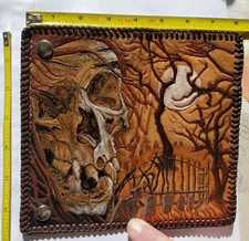 KILLER Skull & Cemetary Custom Hand Carved & Dyed Leather Biker Wallet 1-of-1!!!