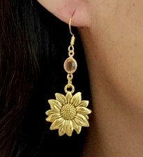 14k Gold Sunflower Earrings Crystal Sunflower Dangle Earrings Sunflower Jewelry