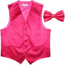 New formal men's tuxedo vest waistcoat bowtie horizontal stripes hot pink prom