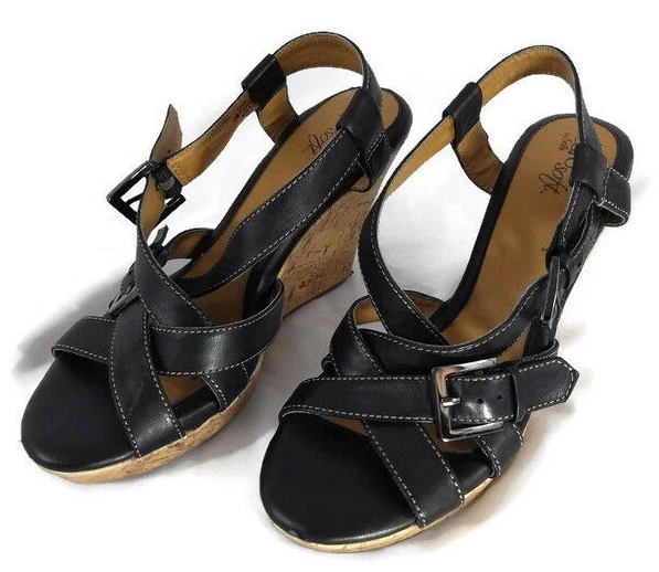 Eurosoft by Sofft Black Leather Cork Wedge Slingback Sandals Shoes Size 10M