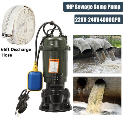 1HP  Cast Iron Sewage Submersibl Pump 4000GPH 220V  w/66ft HOSE Float Switch