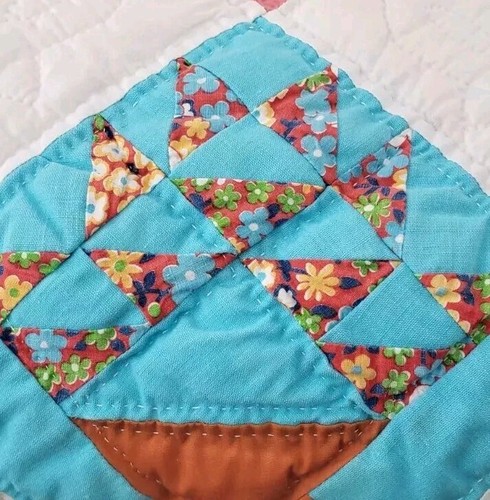 VTG Handmade Patchwork Diamond Quilt Flower Pot Design Homemade Twin Bed Pink - Picture 7 of 12