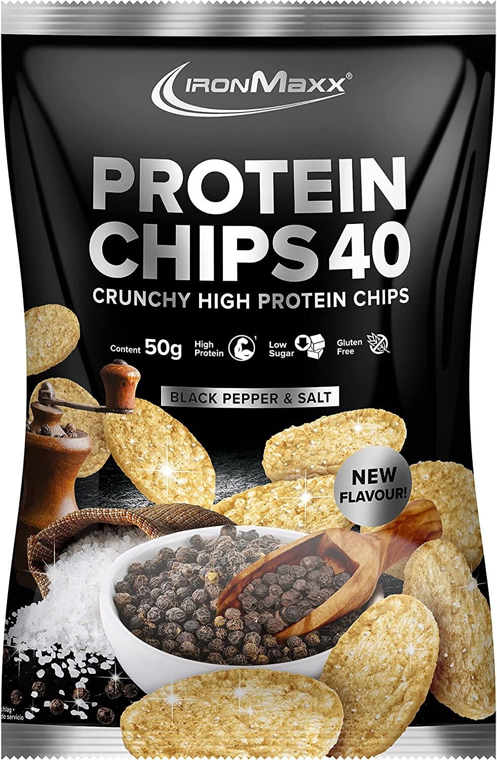 IronMaxx Protein Chips 40, 50 g Beutel, Black Pepper & Salt