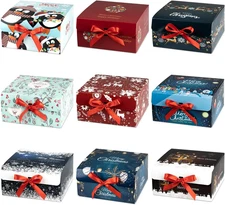 Christmas Gift Boxes with Lids, 9 Pack Gift Box and Red Ribbon Christmas Themed