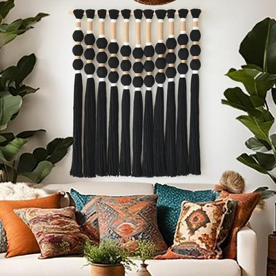 Macrame Wall Hanging Boho Decor Black Fiber Yarn 33''L x 27''W, 