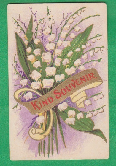 Greetings/ Kind souvenir/ white bell flowers/ gold ribbon/ leaves/embossed pc