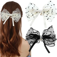 2 Pcs Lace Bow Hair Clips Large Pearl Polka Dot Hair Barrettes Gauze Chiffon ...