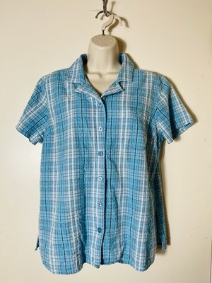 Basic Editions Button Up Blouse SZ M Short Sleeve Plaid Cotton Seersucker Lurex