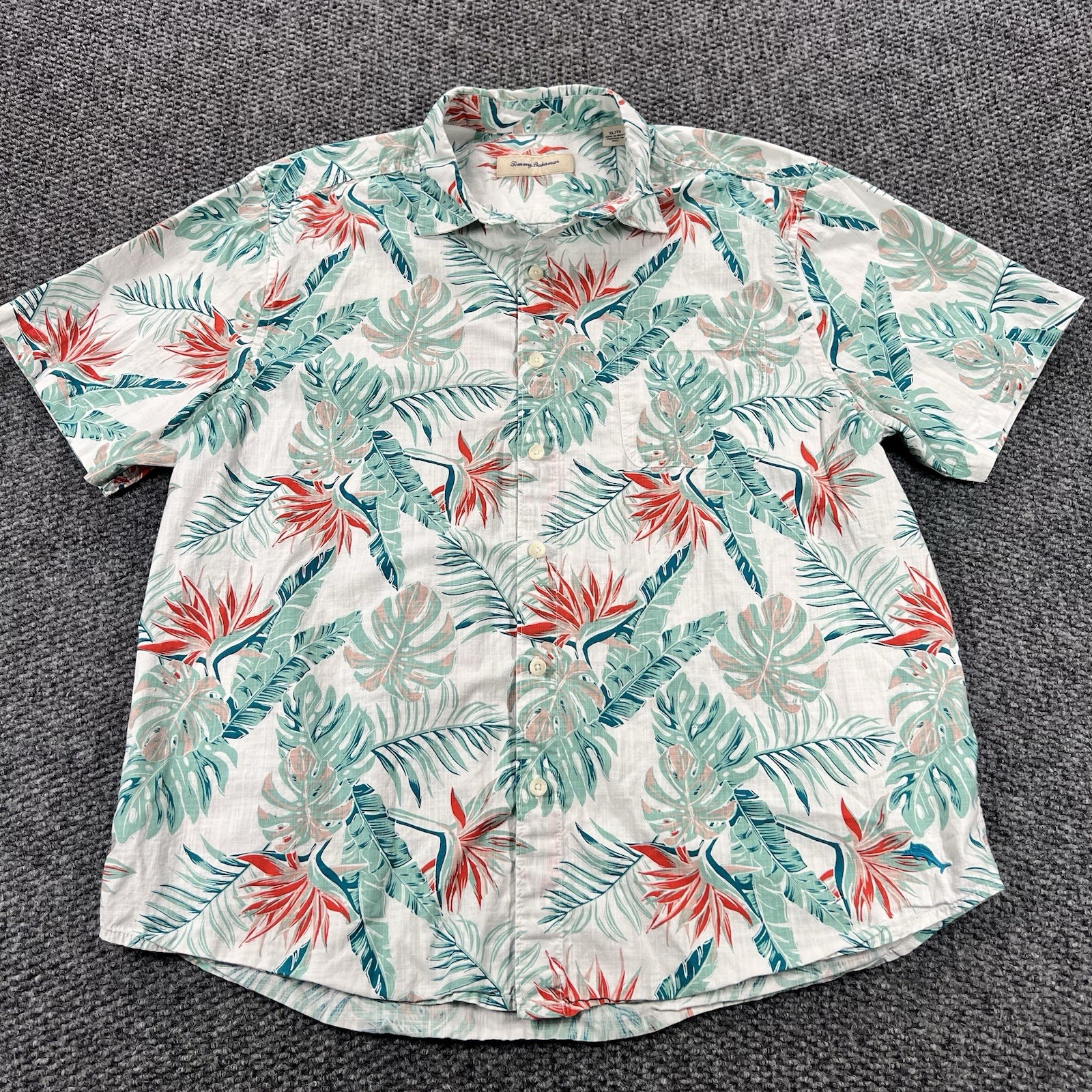 Tommy Bahama Shirt Men's XL Green Floral Hawaiian Tropical Cotton Camp Beach